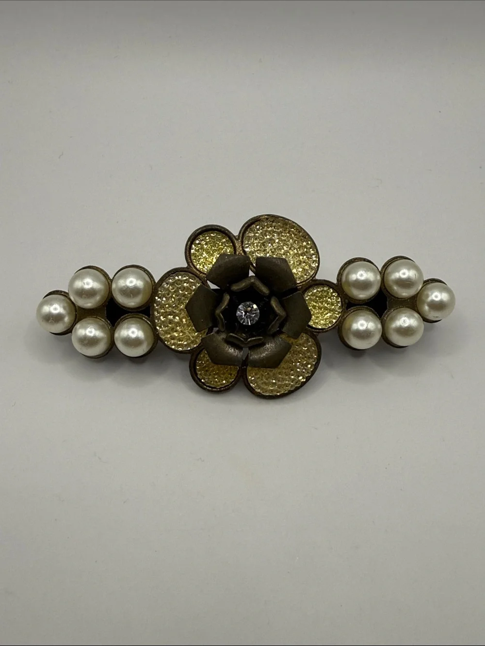 Vintage Brass Gold Tone Faux Pearl Flower Statement Hair Barrette Clip